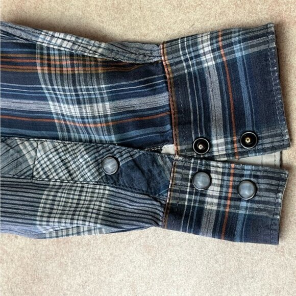 Vans Off The Wall Long Sleeve Pearl Snap Grey Rust Blue Plaid Western Shirt - Picture 5 of 11